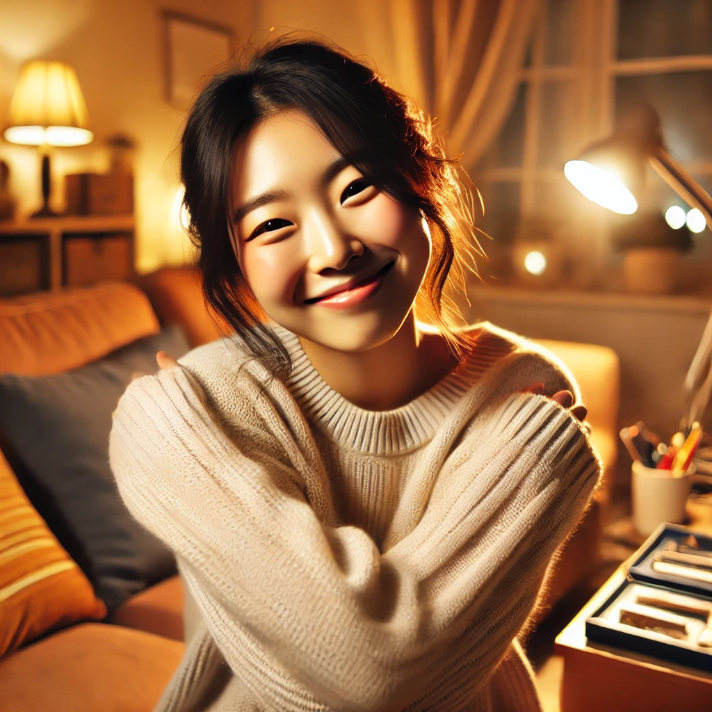 따뜻한 조명이 비치는 아늑한 소파에 앉아 미소 짓는 여성&amp;#44; 자신을 받아들이고 만족하는 모습을 표현한 장면