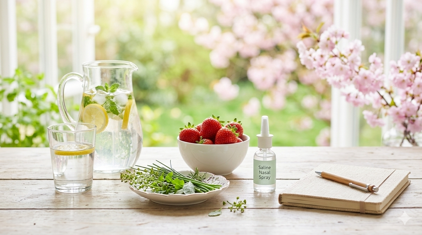 봄철 환절기 건강 관리에 좋은 레몬수, 제철 딸기, 봄나물 및 비염 예방용 코 세척 기구가 놓인 썸네일 이미지
