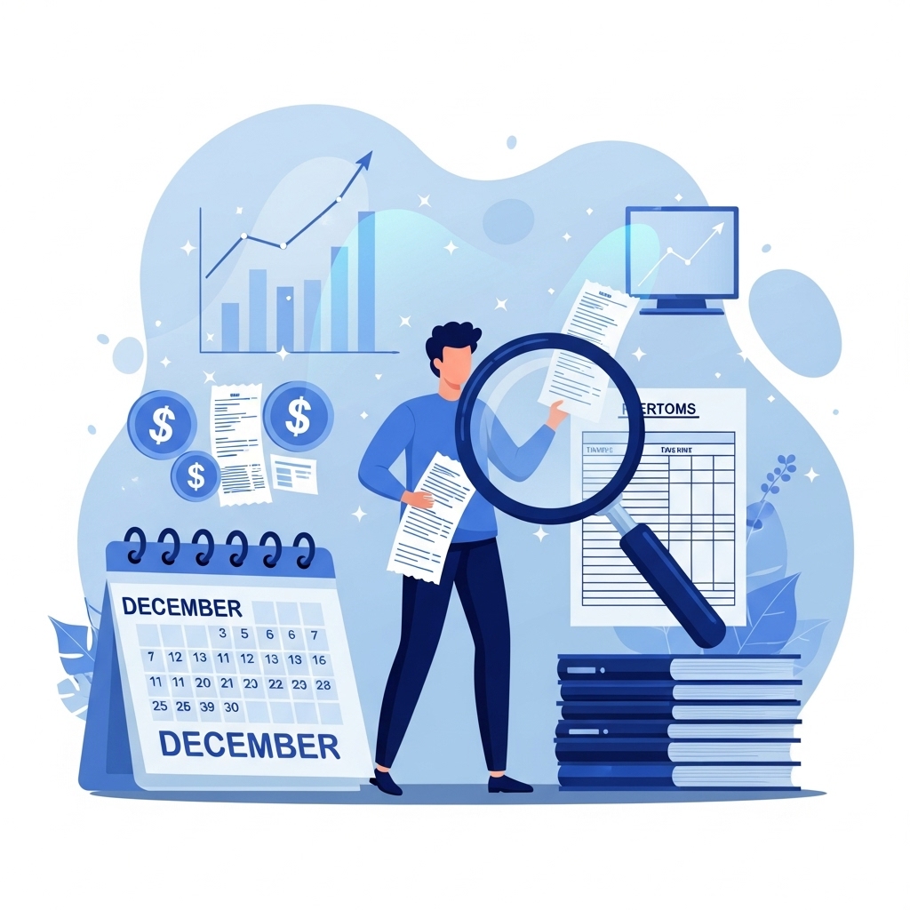 2025년 연말정산 서류를 정리하며 환급금을 확인하는 사람과 달력, 돋보기가 강조된 이미지