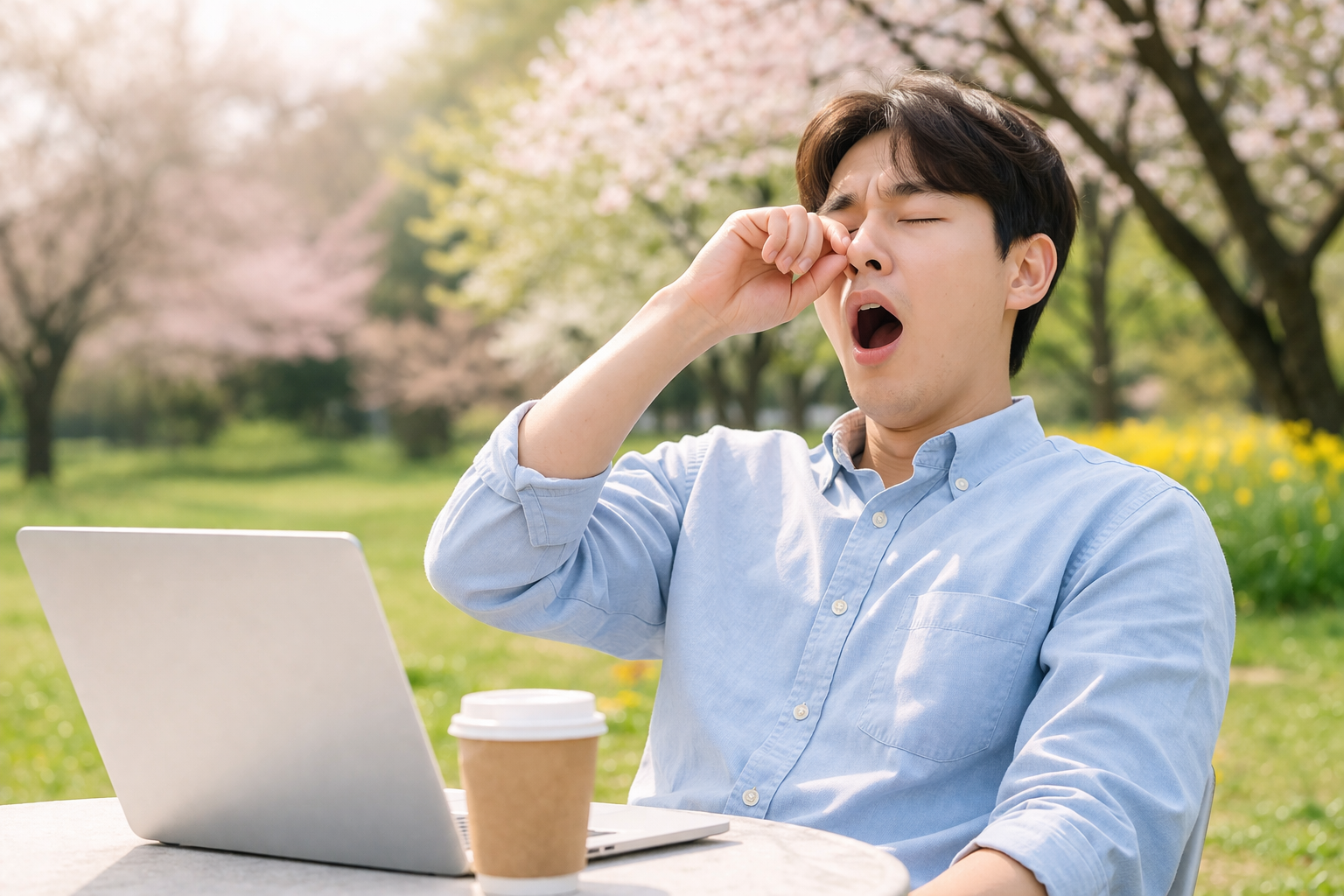 봄철 졸음이 쏟아지는 사람의 모습