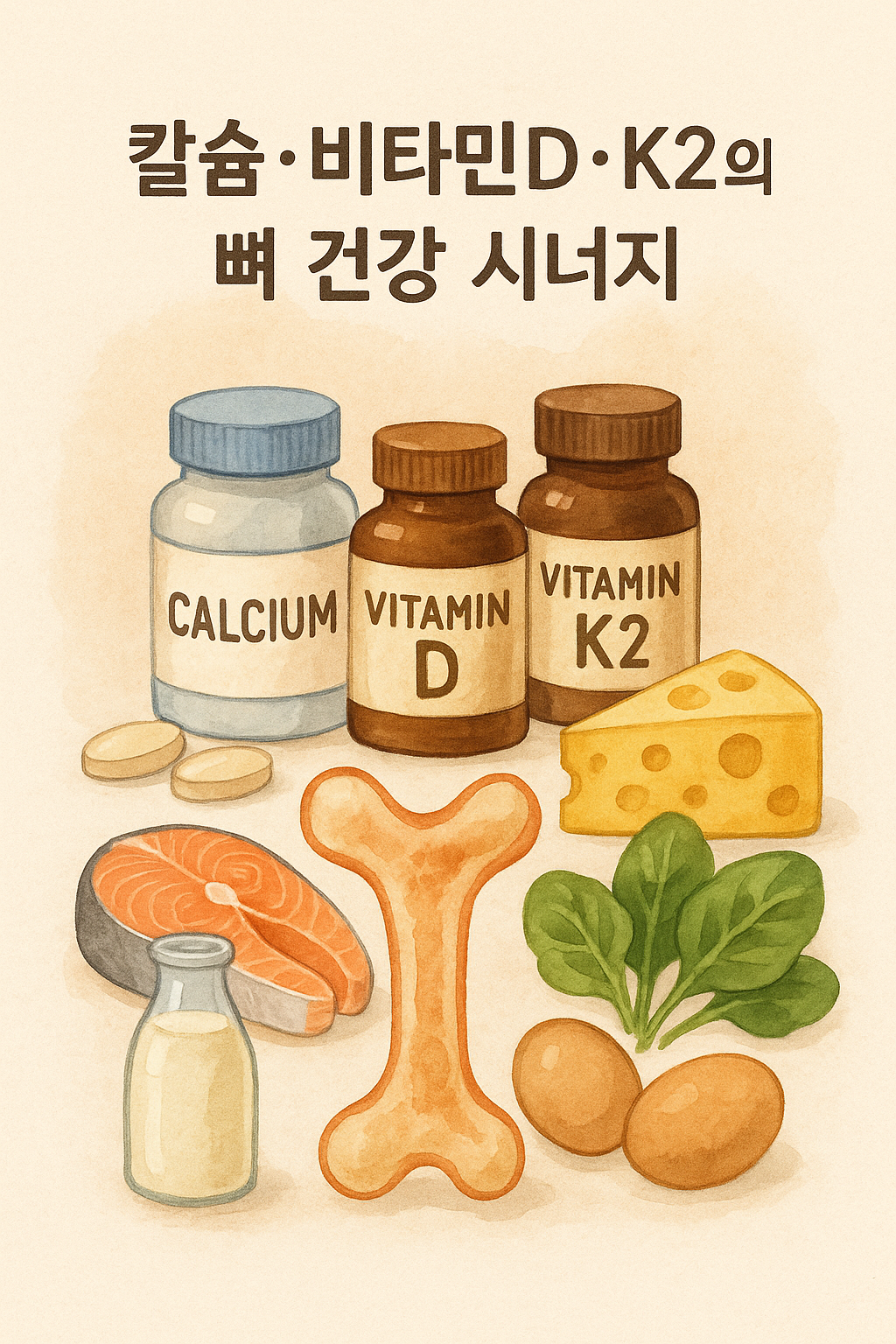 칼슘, 비타민 D, 비타민 K2 대표적인 식품은 연어, 우유, 치즈, 시금치, 달걀이 있다.