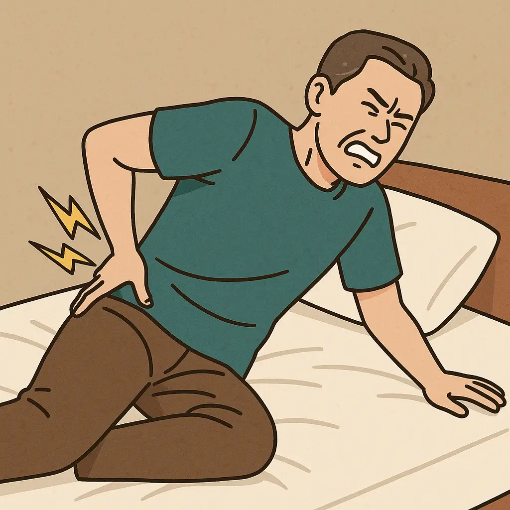허리가-찌릿한-상태에서-침대에-눕다가-통증을-느끼는-남성