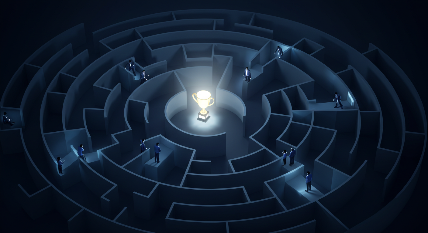 커다란 미로 중앙의 트로피를 찾는 사람들