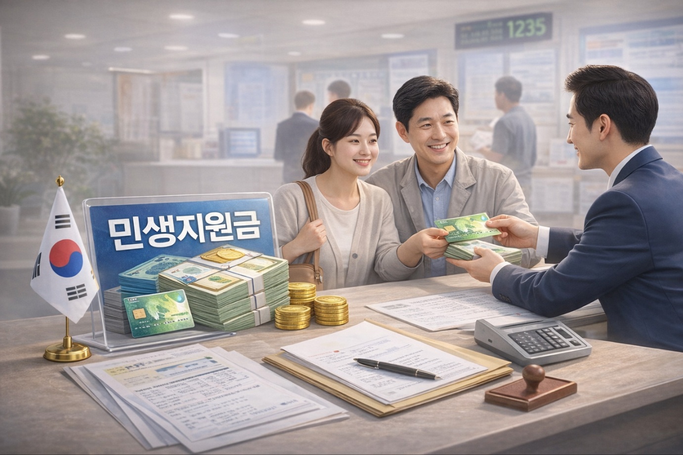 민생지원금 지급을 상징하는 이미지. 지자체 공무원이 민생지원금을 주민에게 전달하는 모습과 지역화폐, 신청서류, 계산기가 놓인 장면으로 지자체 지원금 신청 과정을 표현한 일러스트.