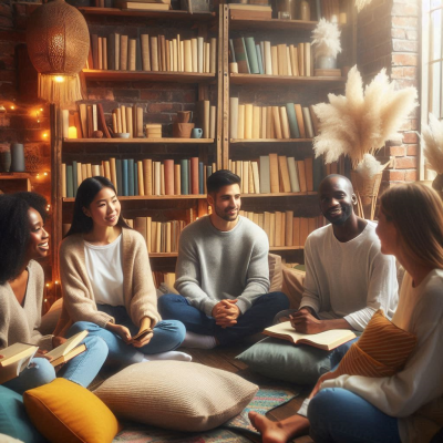 꿈과 관련된 꿈잡이 모티프가 있는 벽에서 사람들끼리 이야기하고 있는 장면입니다.