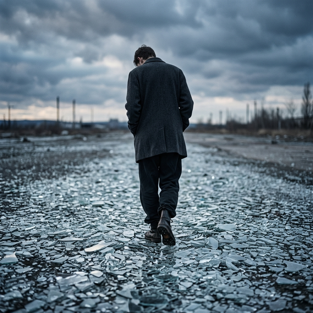 애니 레녹스 'Walking on Broken Glass' 노래의 고통스러운 감성을 표현하는 이미지. 흐릿한 실루엣이 깨진 유리 조각 위를 조심스럽게 걷는 모습, 푸른색과 회색 톤으로 우울하고 비극적인 분위기를 연출.