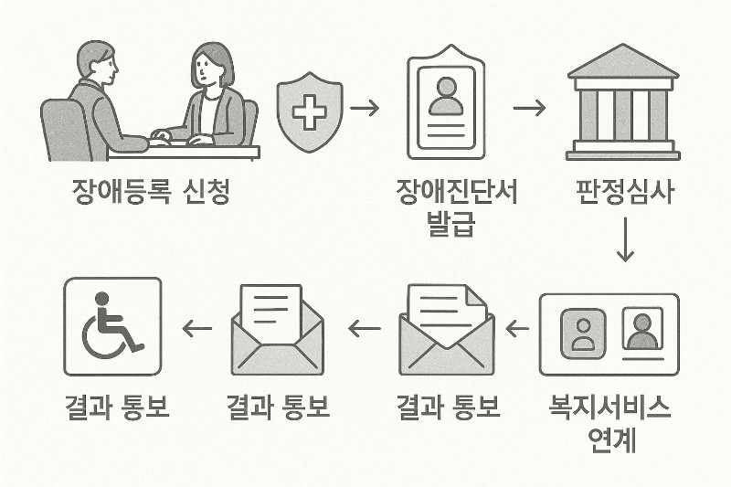 장애등급 판정 절차를 7단계로 보여주는 흑백 인포그래픽