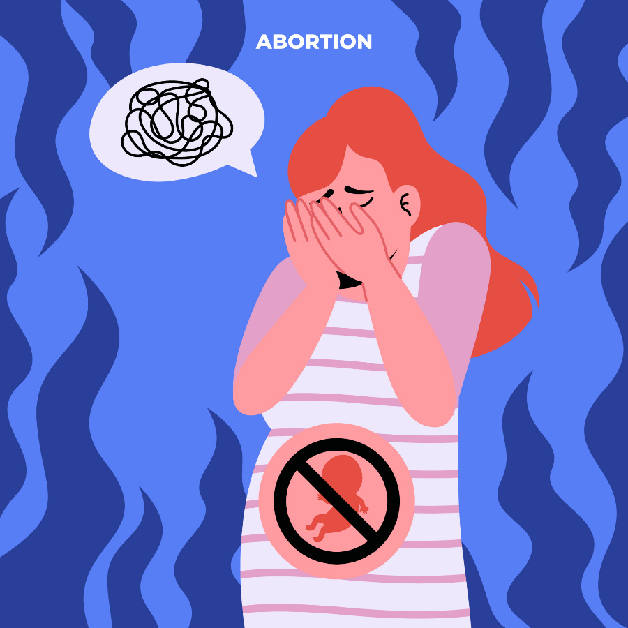 뱃속의 아기를 유산을 하여 산모가 양쪽 손으로 얼굴을 가리고 슬퍼하며, 머리 속이 복잡한 것을 그린 이미지 사진