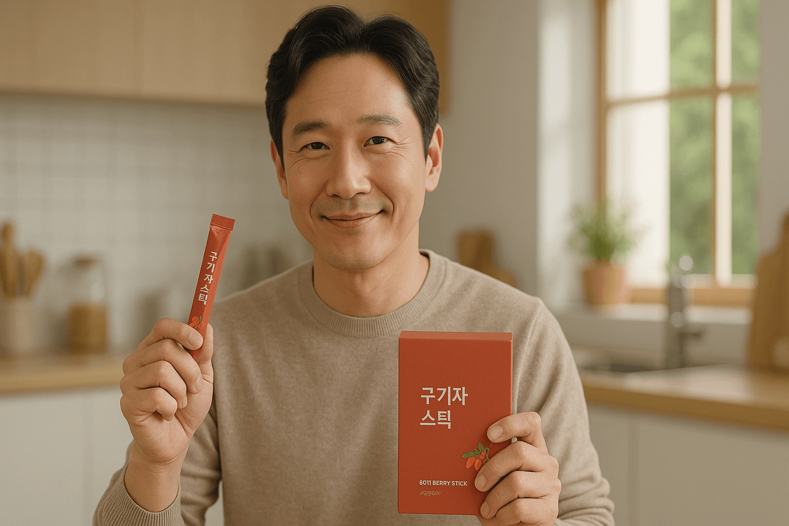 주방 배경에서 남성이 ‘구기자 스틱’ 제품 박스와 스틱 개별 포장을 함께 들고 미소 짓는 건강식품 라이프스타일 이미지