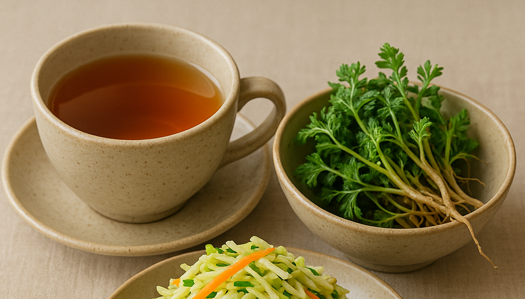 따뜻한 차와 함께 놓인 신선한 냉이와 양배추