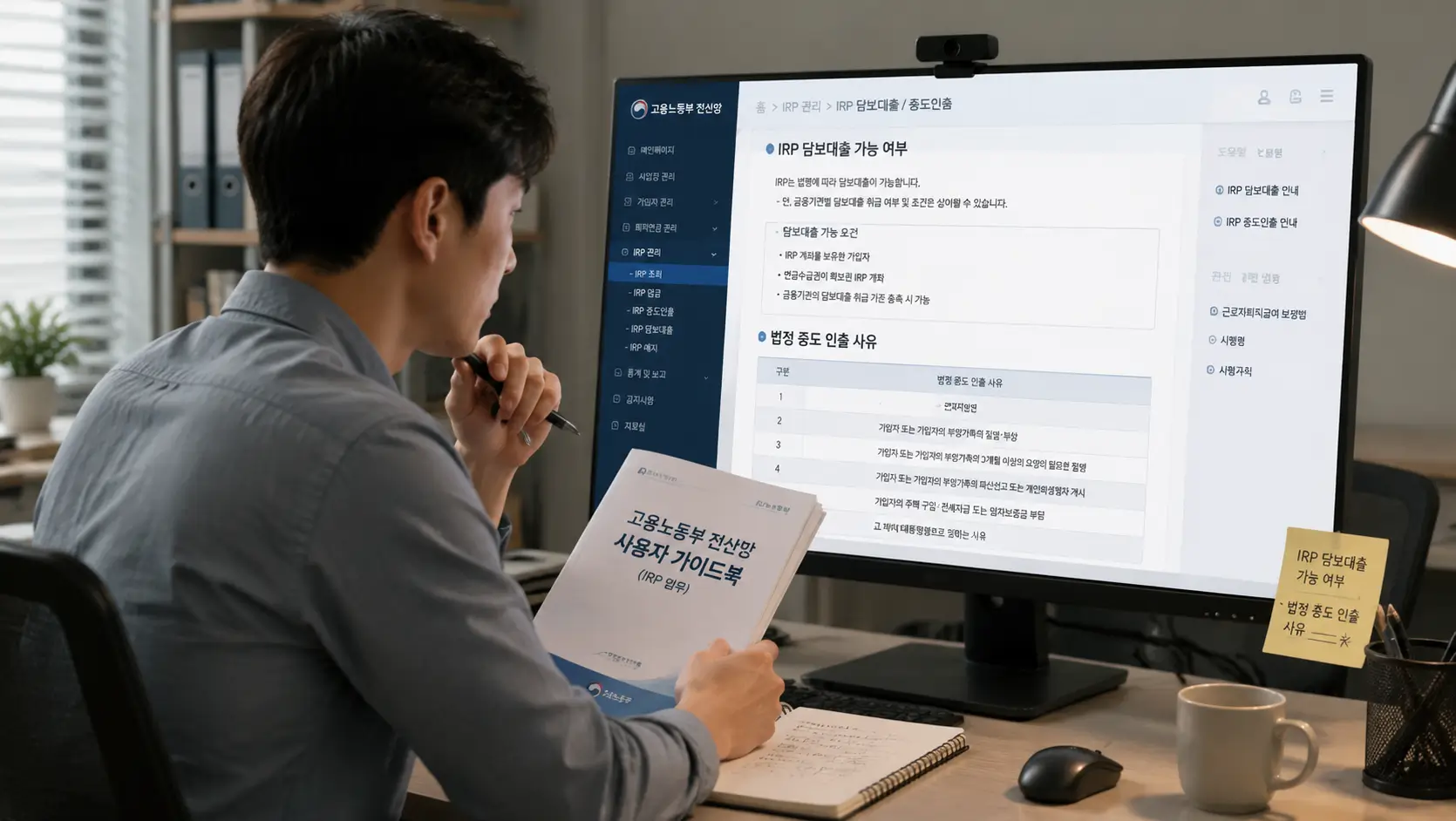 irp 담보대출 가능 여부와 법정 중도 인출 사유를 확인하기 위해 고용노동부 전산망 가이드북을 검토하는 차주