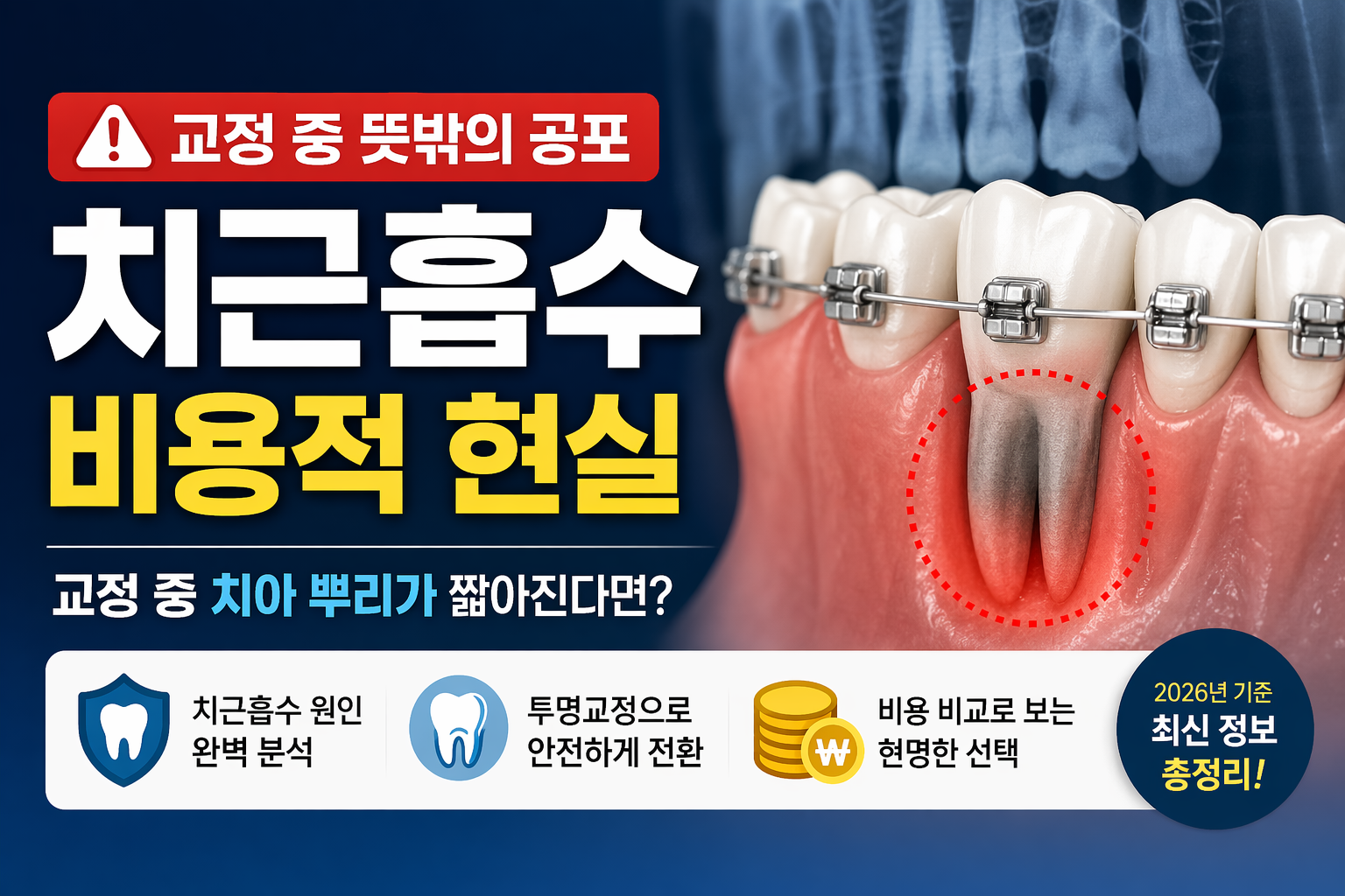 치아 교정 중 발생할 수 있는 치근 흡수 현상과 투명교정 장치의 비교를 보여주는 깔끔하고 전문적인 인포그래픽 이미지