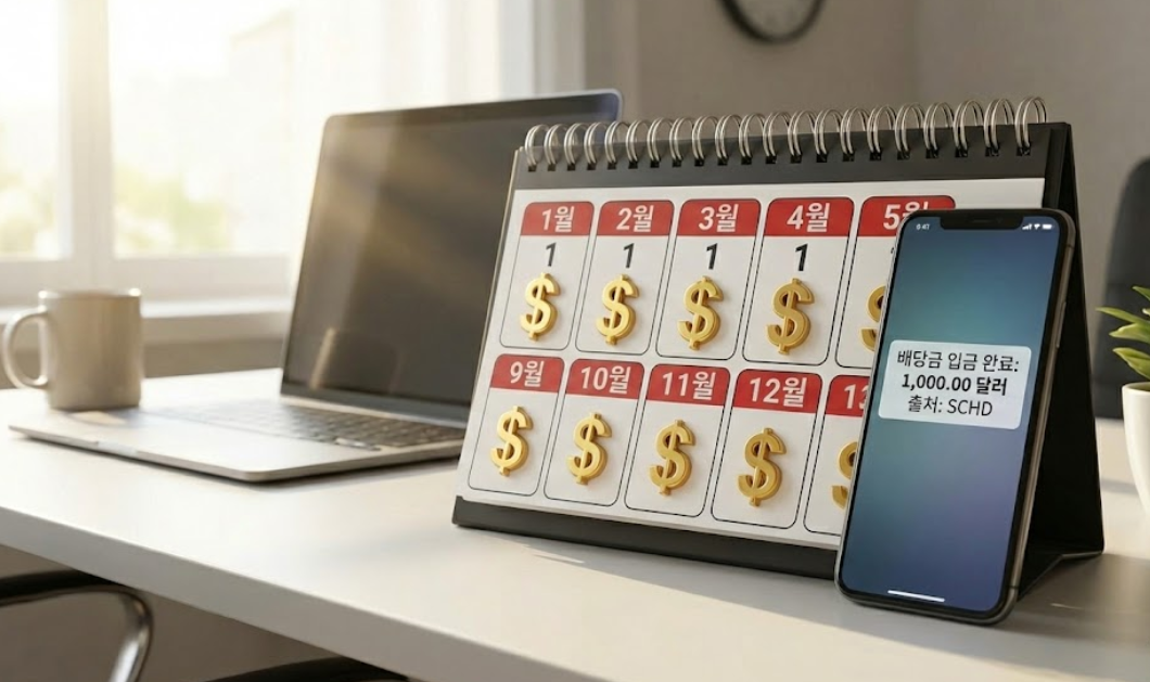 매달 1일에 달러 표시가 된 달력과 배당금 입금 알림이 뜬 스마트폰을 통해 월 배당 투자의 기쁨을 표현한 이미지