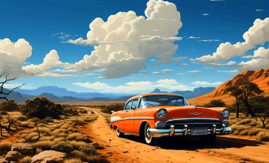 흙길을 주황색 자동차가 달리고 있다. 하늘엔 하얀 뭉게구름이 가득하다. 자동차는 교통질서를 지키고 있다.