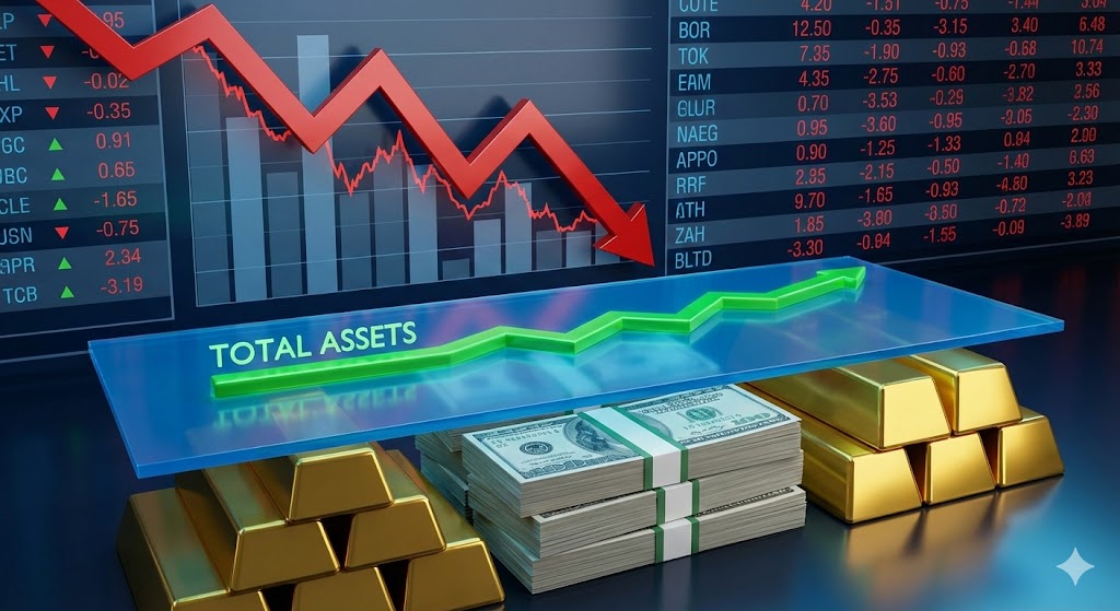 식 시장의 폭락(붉은색 하락 그래프)을 '금괴'와 '달러 지폐'가 든든하게 받쳐주어 전체 자산이 평온하게 유지되는 입체적 일러스트