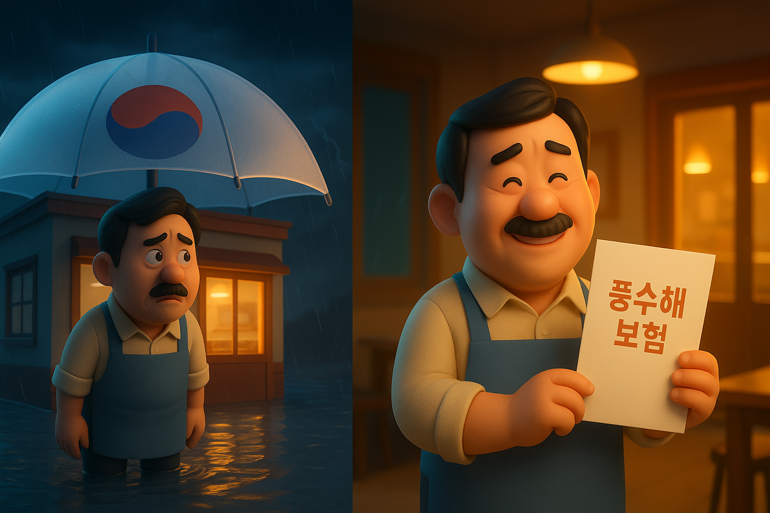 한쪽에서는 식당 사장님이 침수된 가게 앞에서 걱정하고 있고, 다른 쪽에서는 풍수해보험 증서를 들고 안심하며 웃고 있는 모습