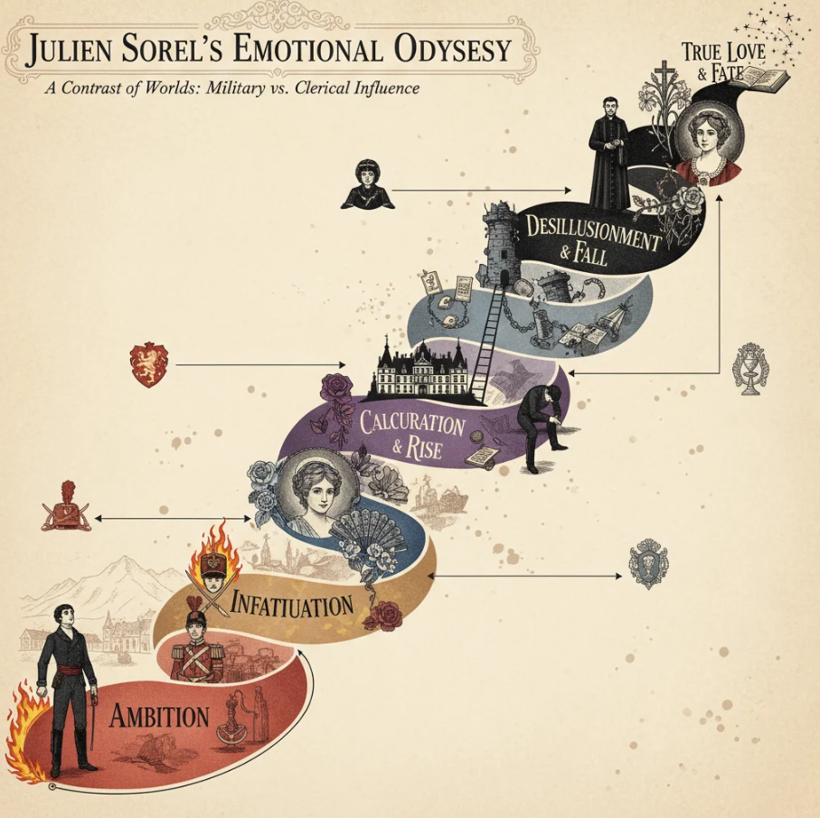 적과흑, 줄리앙의 계급상승을 위한 모형도