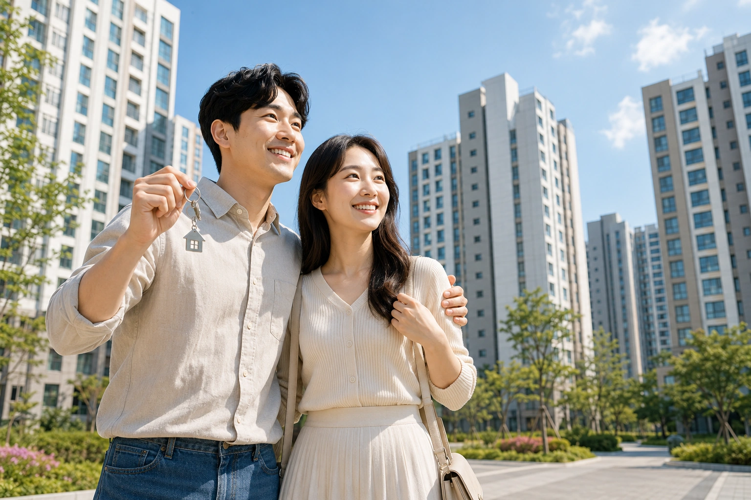 새 아파트 앞에서 기뻐하는 신혼부부
