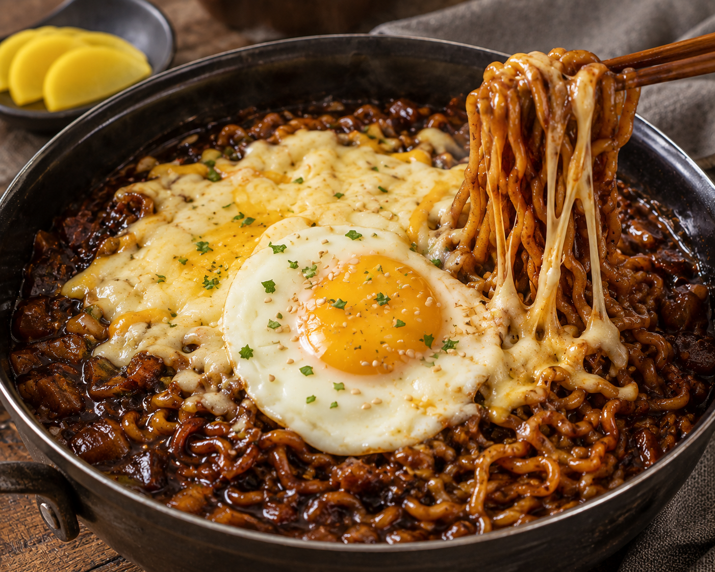 짜장라면에 치즈 와 계란
