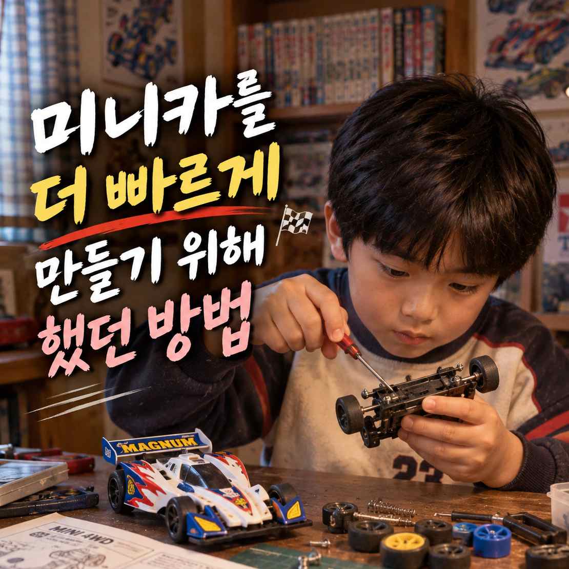 책상에서 작은 드라이버로 미니카를 조정하는 아이와 여러 미니카 부품