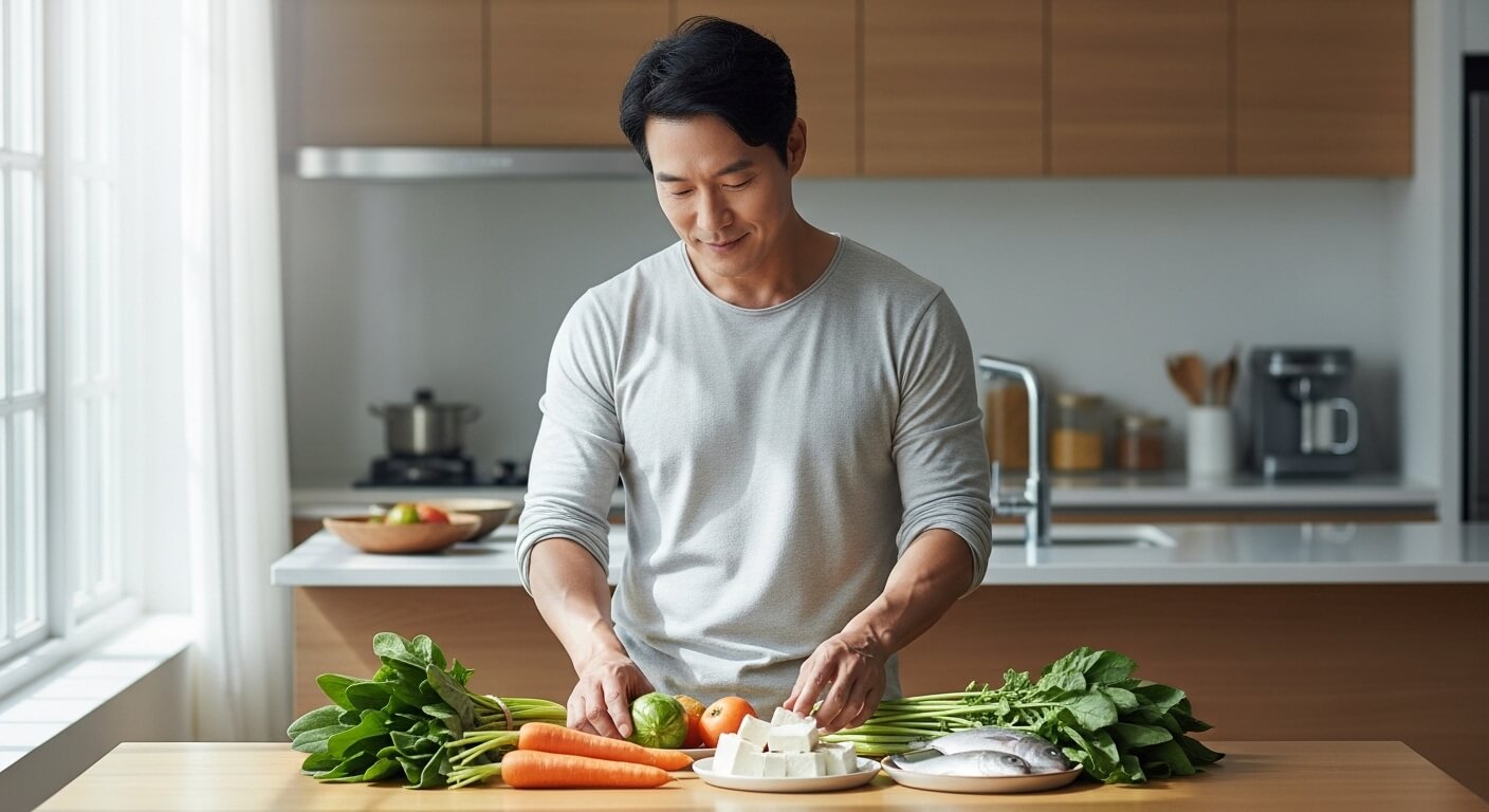 신장 건강을 위해 채소와 두부, 생선을 준비하는 중년 한국인 남성의 건강 식단 관리 모습