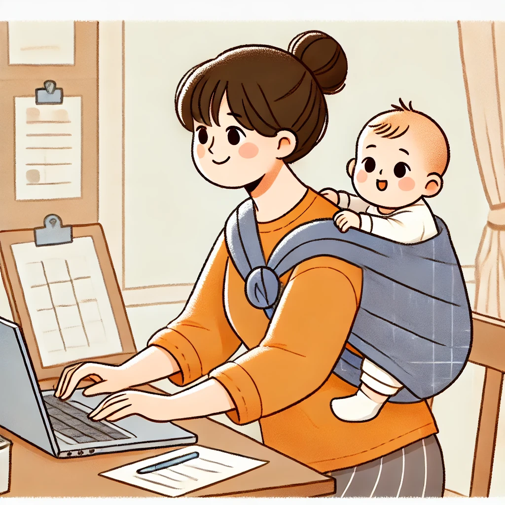 아기돌보며 일하는 행복한 여성