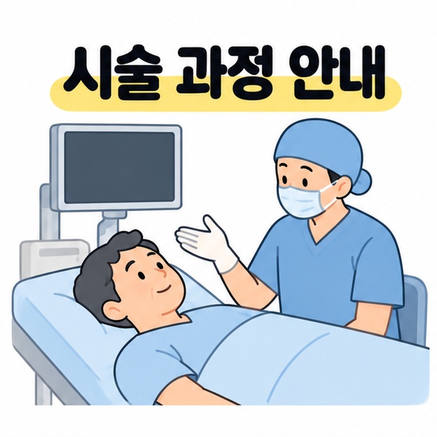 시술 과정 안내 문구 아래에서 검사대에 누운 환자 곁에 마스크와 수술모를 착용한 의료진과 화면이 비어 있는 모니터가 있는 그림