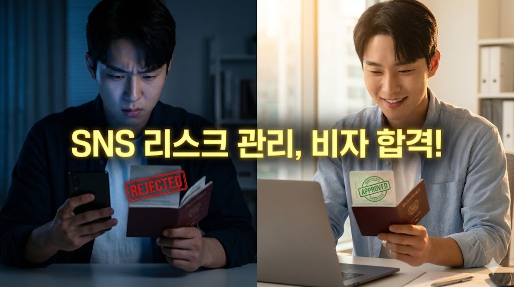 비자 심사 SNS 리스크 관리라는 한국어 문구가 있는 분할 화면 이미지.