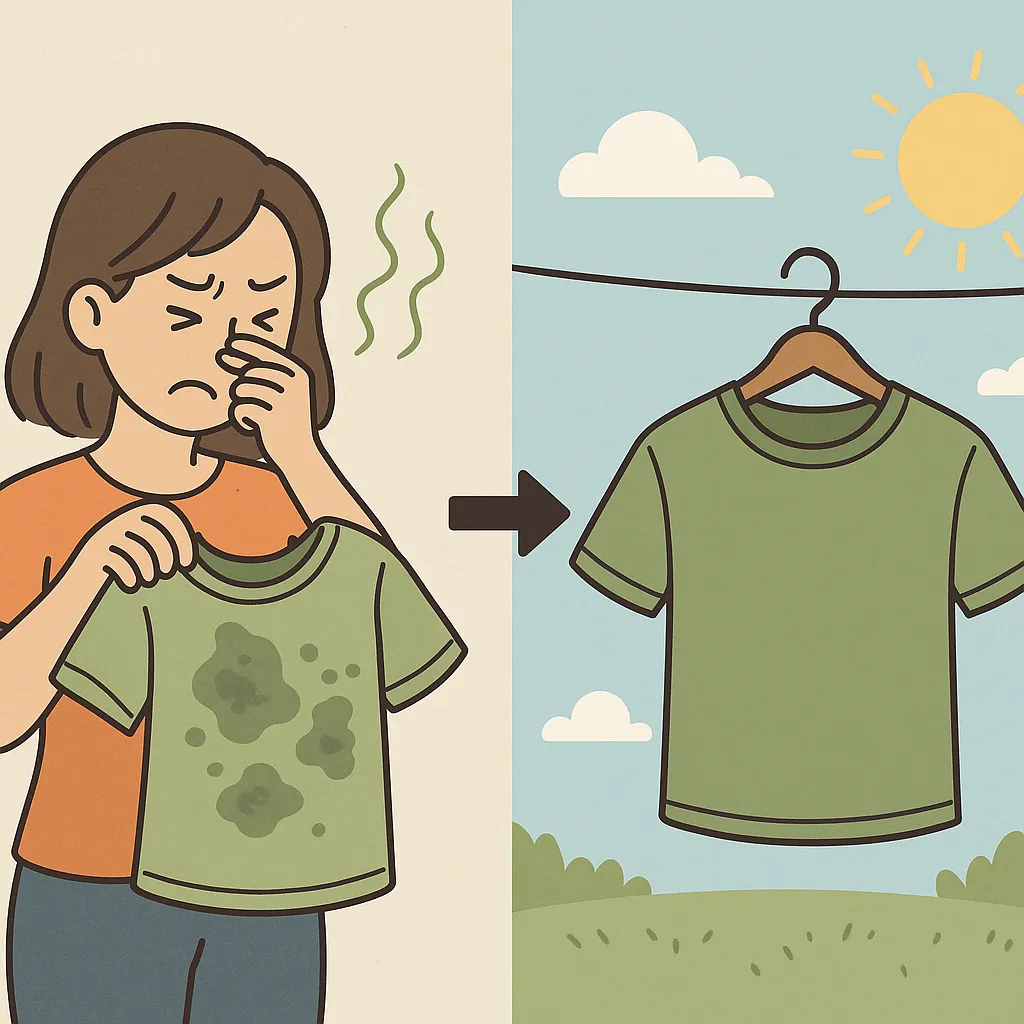 옷에서-곰팡이-냄새가-나는-상황과-햇볕에-널어-냄새가-제거된-모습을-비교해-표현한-이미지