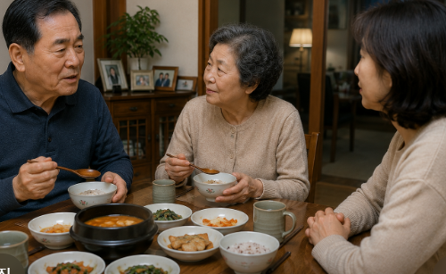 저녁 식탁에서 음식을 천천히 삼킨 뒤 대화를 이어가는 고령의 부모님과 조용히 기다리는 40대 딸