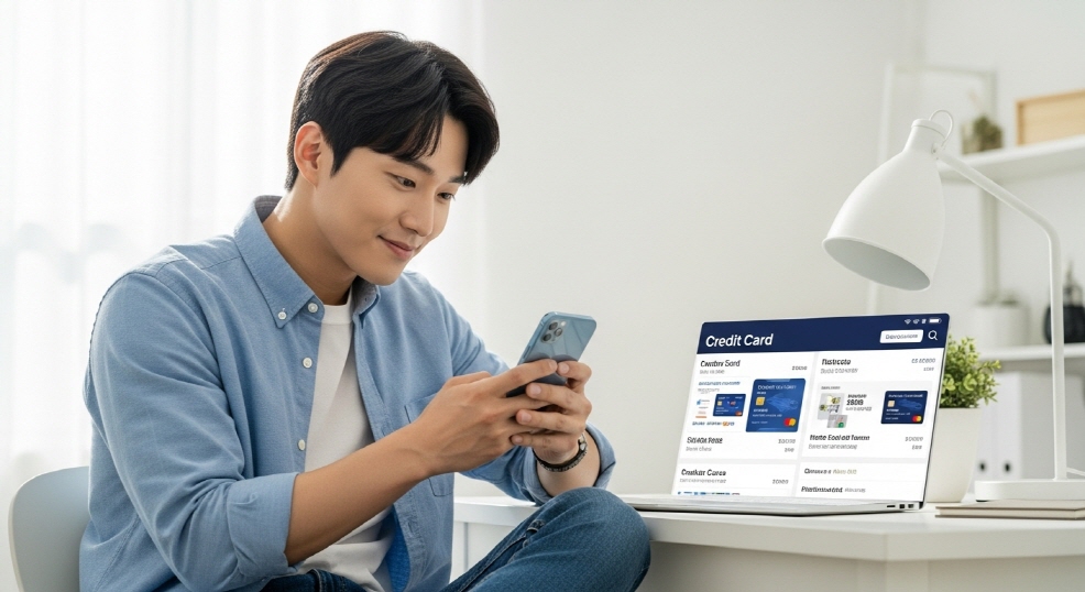 스마트폰 화면에서 크레딧 조건을 비교하는 청년