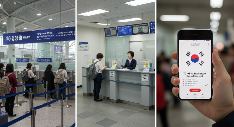 공항, 은행, 모바일 앱 환전의 장단점을 비교하는 분할 이미지