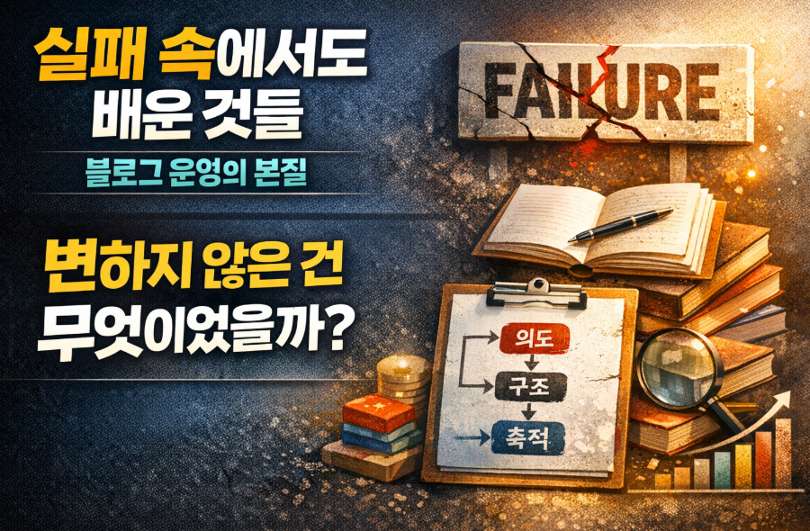 실패 속에서도 배운 블로그 운영의 본질을 상징하는 썸네일 이미지, 의도·구조·축적 개념 시각화