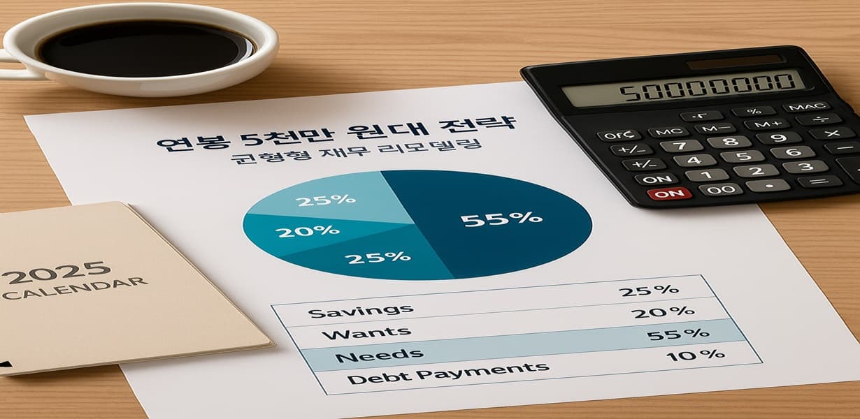 2025년 기준 연봉 5천만 원 전략이 적힌 예산표와 파이차트, 계산기, 커피, 캘린더가 놓인 책상