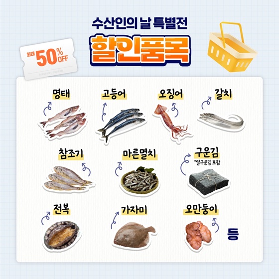 수산인의 날 할인 대상 수산물 품목 예시 (명태, 고등어, 전복 등)