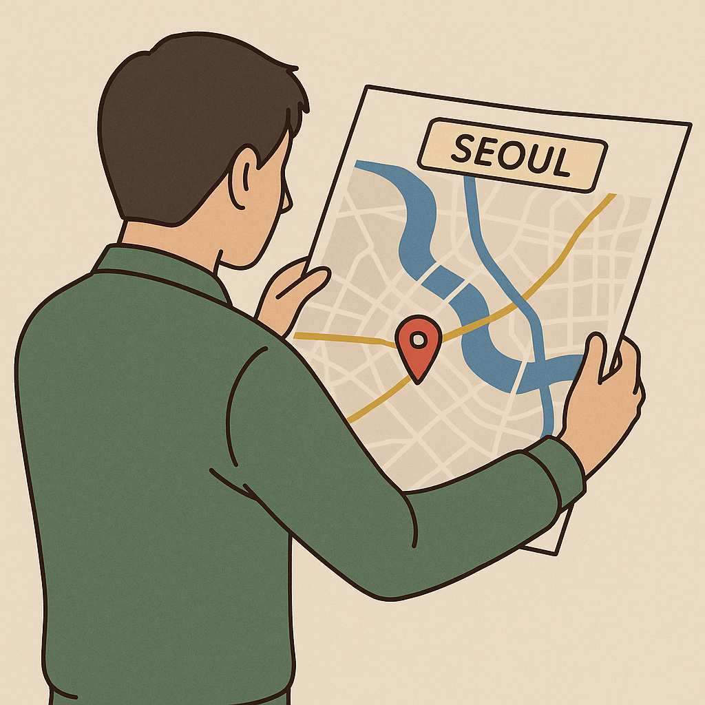 지방에서 망설이며 서울 지도를 들여다보는 사람의 뒷모습 일러스트