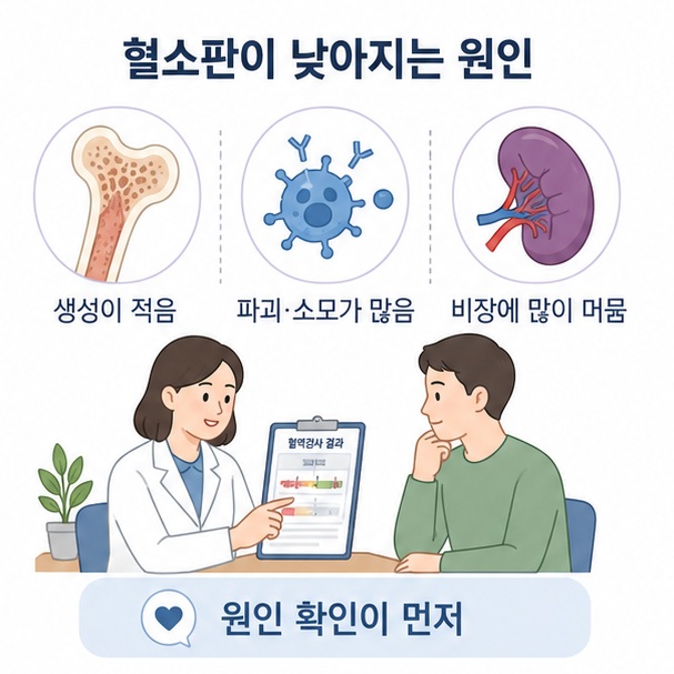 혈소판 생성 감소와 파괴·소모 증가, 비장에 혈소판이 많이 머무는 원인을 세 가지 아이콘으로 설명한 이미지