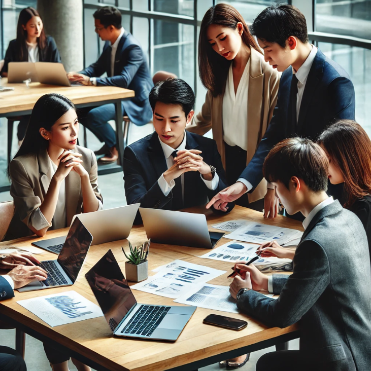 직원들이 현대적인 사무실에서 토론을 하는 이미지