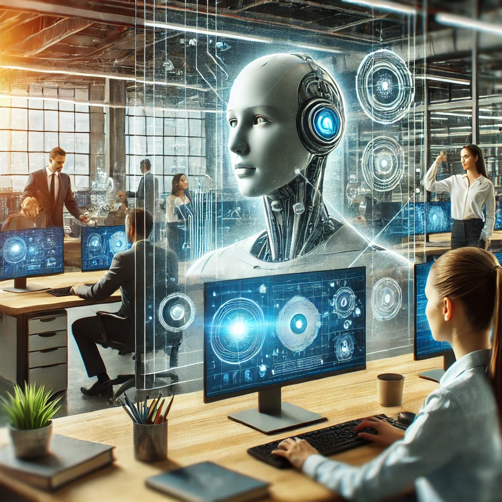 AI가 업무 환경에서 사람들과 협력하는 모습을 보여주는 스마트 오피스