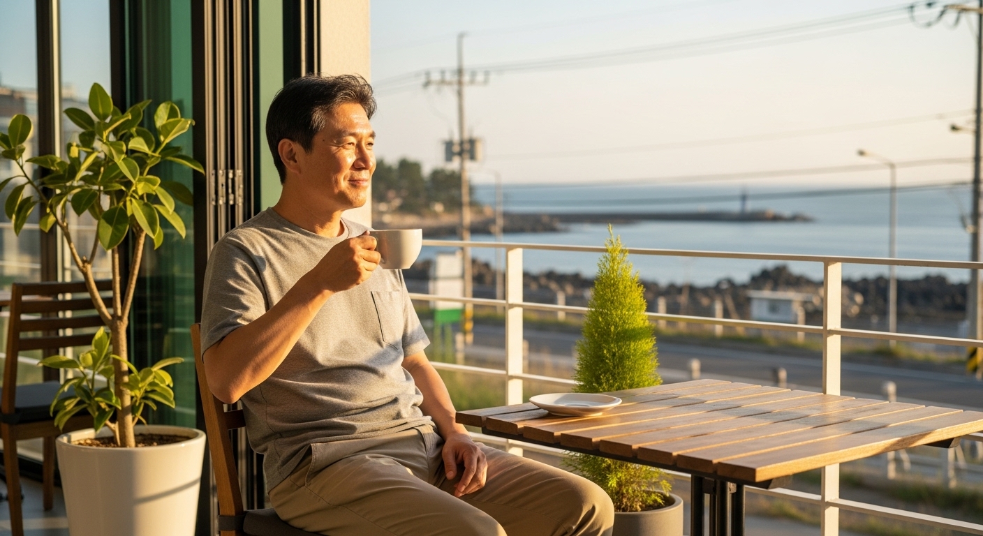 애월 카페서 커피 즐기는 50대 남성