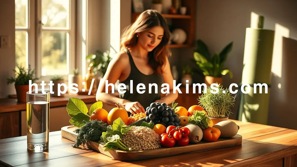 따뜻한 햇살이 드는 아늑한 공간에서 여성이 신선한 채소와 과일, 통곡물이 담긴 건강한 식단을 준비하고 있습니다. 옆에는 깔끔한 물컵이 보이며, 활력 넘치는 생활 습관을 암시합니다. 요실금 관리를 통한 쾌적하고 균형 잡힌 일상의 모습