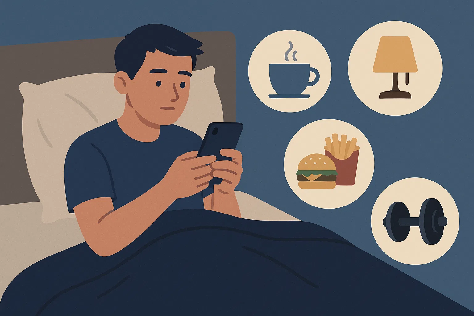 침대 위에서 스마트폰을 보는 사람, 옆에는 커피잔·야식·밝은 조명·운동기구 아이콘이 함께 배치된 장면, “수면을 방해하는 습관들”