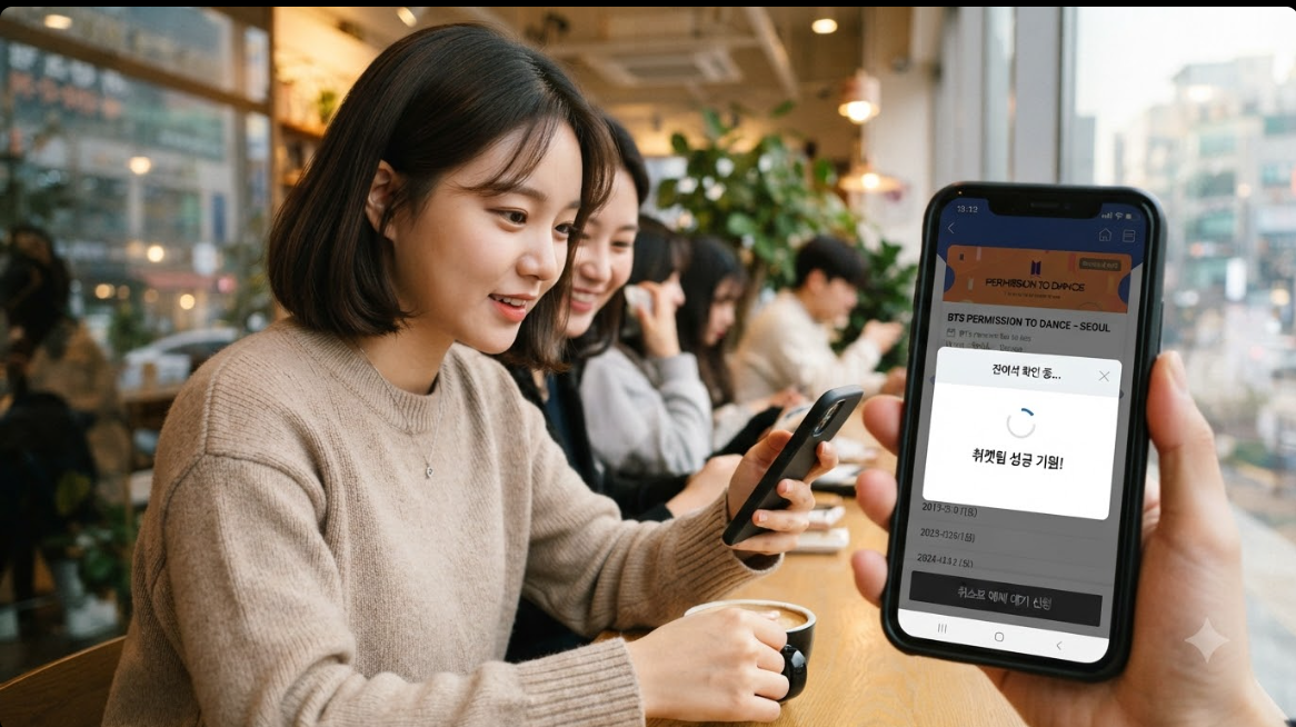 스마트폰으로 공연 티켓을 예매하고 취소표를 조회하는 모습