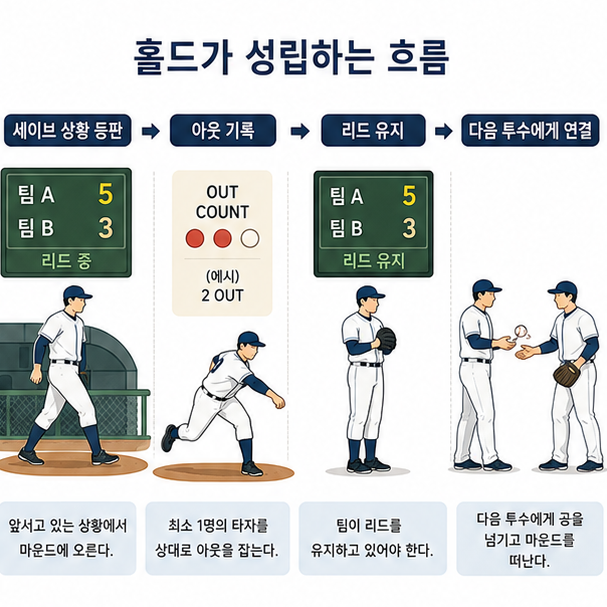 세이브 상황 등판, 아웃 기록, 리드 유지, 다음 투수 연결로 이어지는 홀드 조건