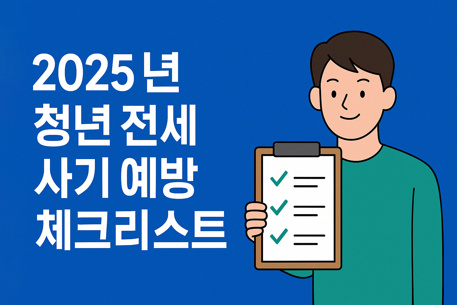 2025년 청년 전세 사기 예방 체크리스트 - 파란 배경에 왼쪽은 굵은 안내 텍스트, 오른쪽은 체크리스트를 들고 있는 청년 일러스트가 포함된 정보 이미지