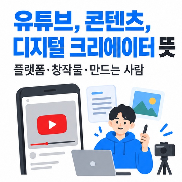 스마트폰 동영상 화면과 콘텐츠 아이콘을 중심으로 유튜브, 콘텐츠, 디지털 크리에이터 뜻 문구를 보여주는 대표 이미지