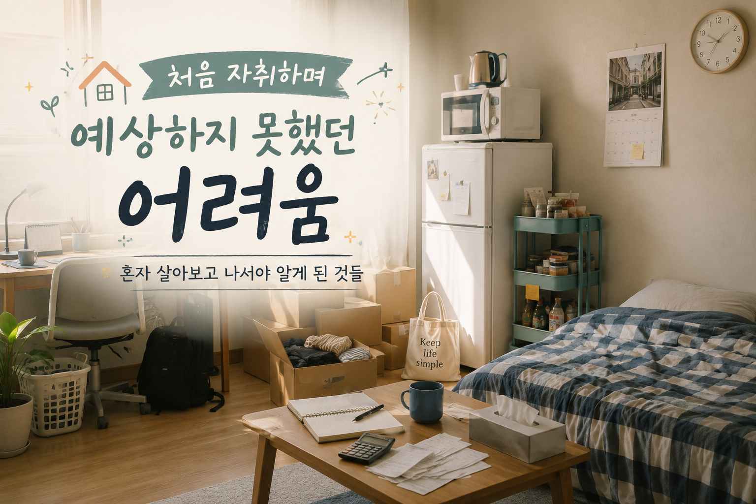 처음 자취를 시작한 원룸에 이삿짐과 생활용품, 계산기와 고지서가 놓여 있는 모습