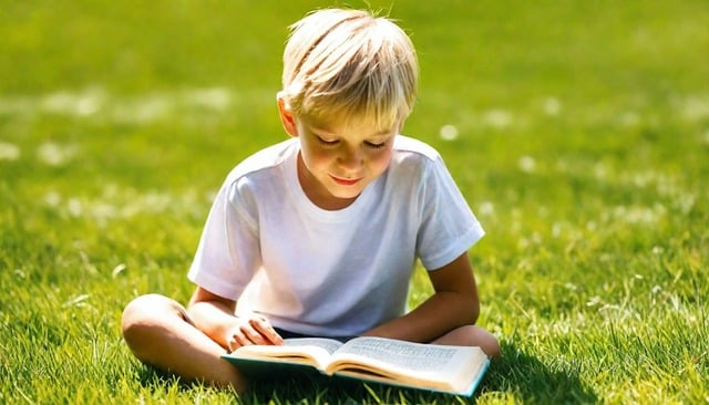 평화로운 풀밭에서 문학책을 읽고 있는 소년의 사진