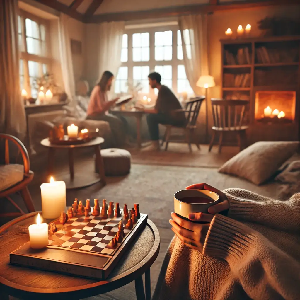 덴마크의 &lsquo;휘게(Hygge) 라이프&rsquo;를 표현한 이미지입니다! 🕯️☕📖✨ 따뜻하고 아늑한 분위기 속에서 소소한 행복을 즐기는 모습을 담았어요