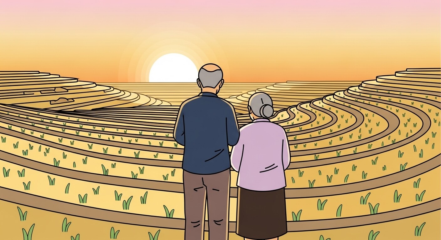 노부부가 논 위로 지는 석양을 바라보며 평화롭게 서 있는 장면 2